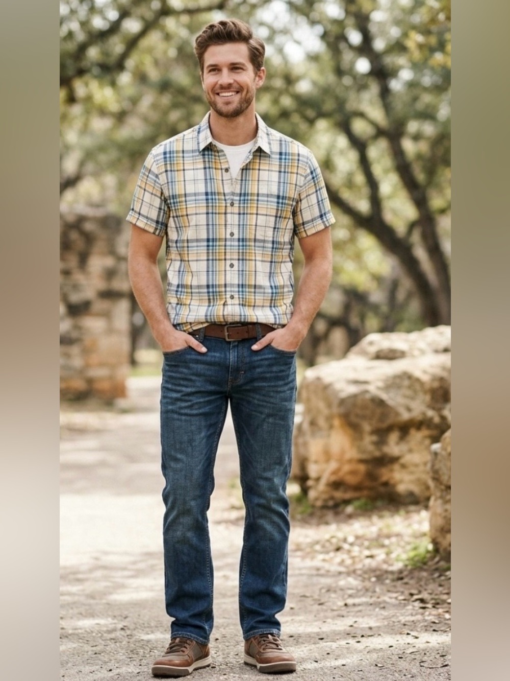 prAna Benton Men's Medium Short Sleeve Plaid Button Down Shirt - Stone Yellow